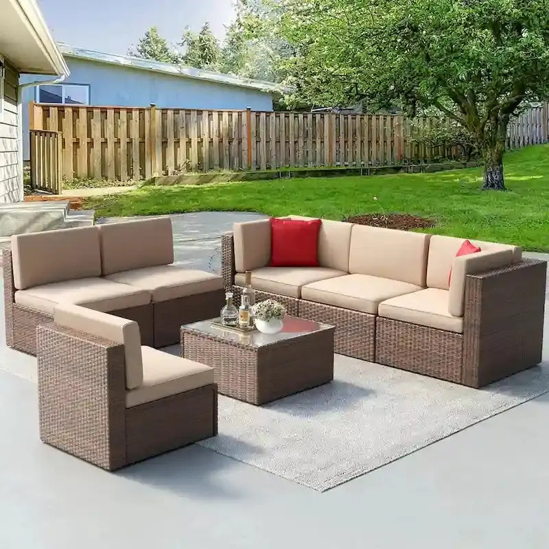7-Piece PE Rattan Outdoor Sectional Set With Wicker Patio Sofa And All-Weather Cushions