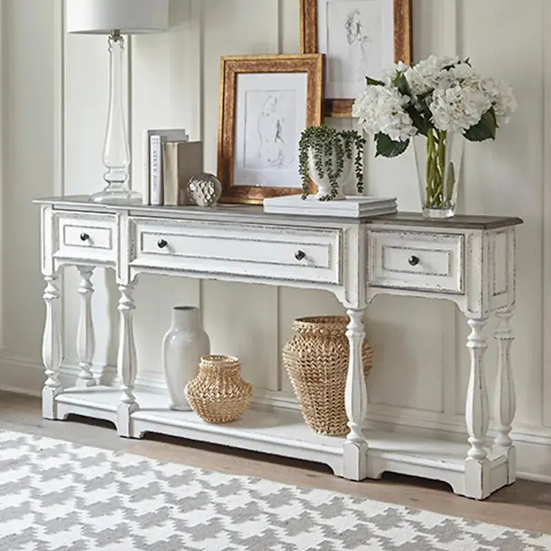 Magnolia Manor Hall Console Table, 72 in, Antique White And Weathered Bark Finish