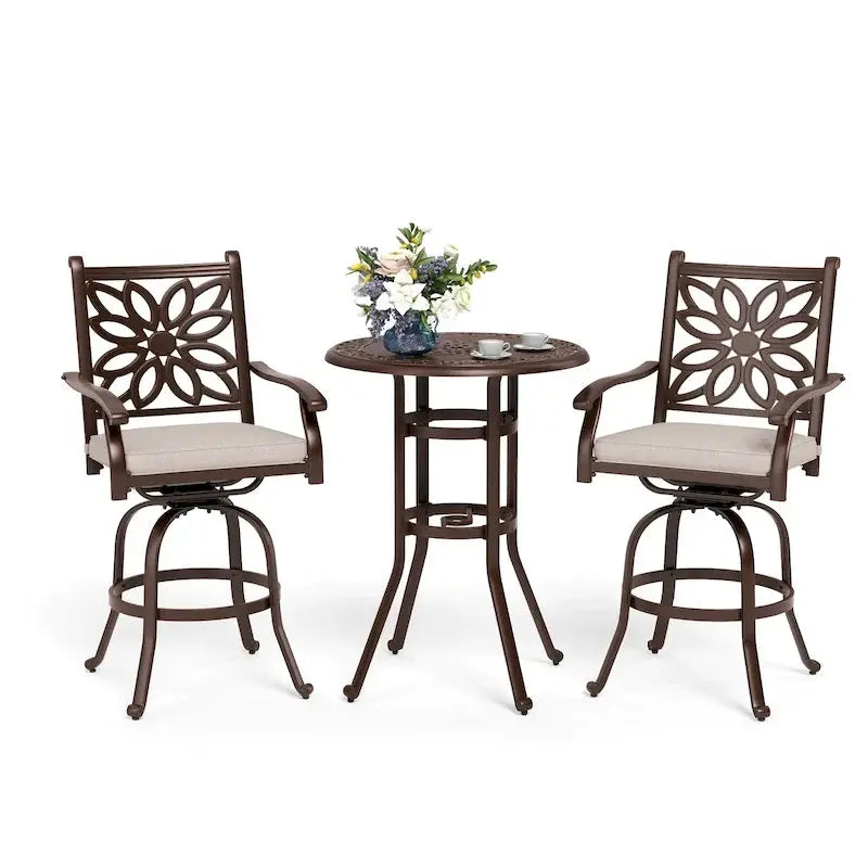 MAISON ARTS Cast Aluminum Patio Bar Set, 3-Piece, Bronze - Round Or Square Table