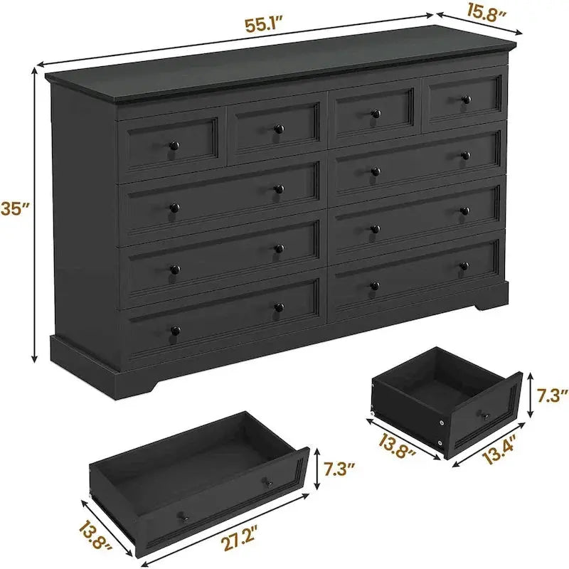 10-Drawer Wooden Dresser, White With Black Wood Top, 55 x 15.8 x 35 - Chest Of Drawers
