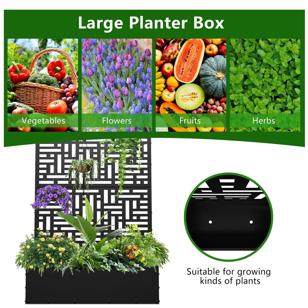 FOOWIN 71 in H Metal Trellis Planter Raised Garden Bed With Drainage Hole, Black