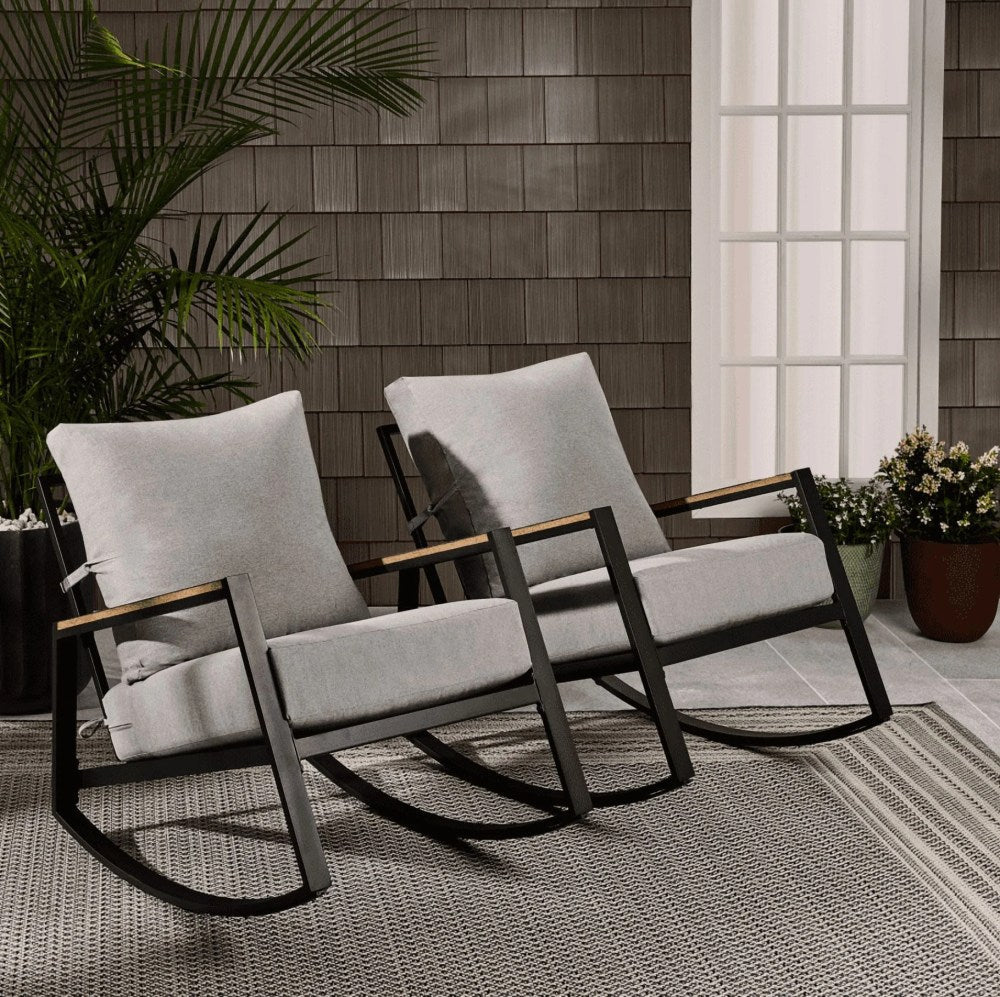 Better Homes & Gardens Marlow Outdoor Patio Rocking Chairs 2 Pack Black Frame Gray Cushion