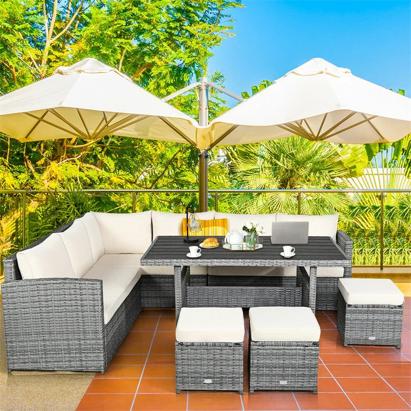 7-Piece Resin Wicker Outdoor Sectional Sofa Set With Dining Table, Ottomans And Cushions