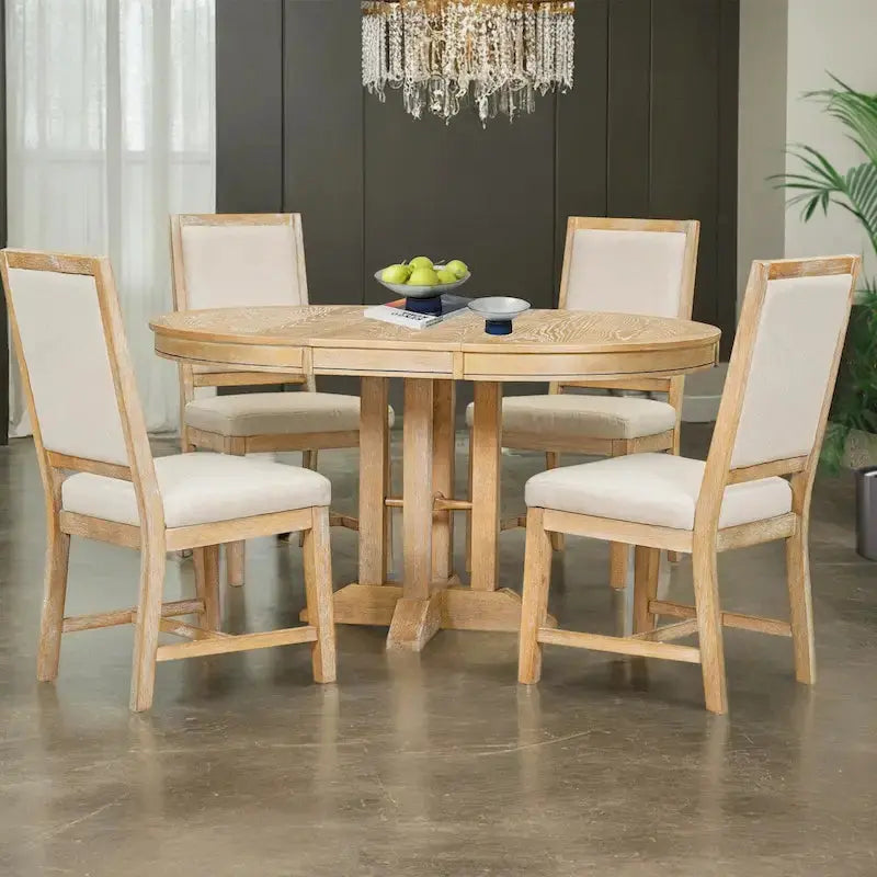 Farmhouse Extendable Round Dining Table Set With 4 Upholstered Chairs - 5-Piece