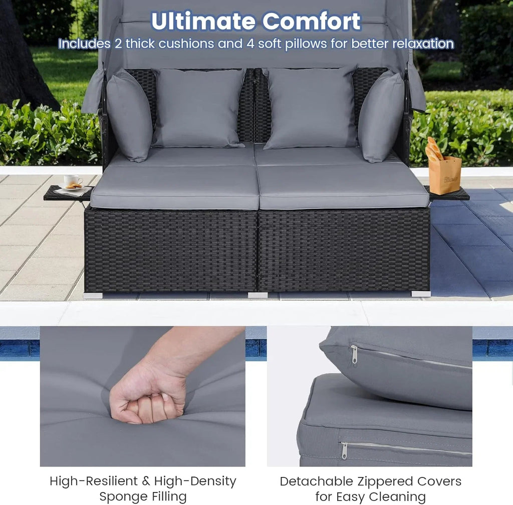 RELAX4LIFE Patio Daybed With Canopy, Cushions, 4 Pillows And 2 Side Trays, Turquoise - B0BYSN7GC7