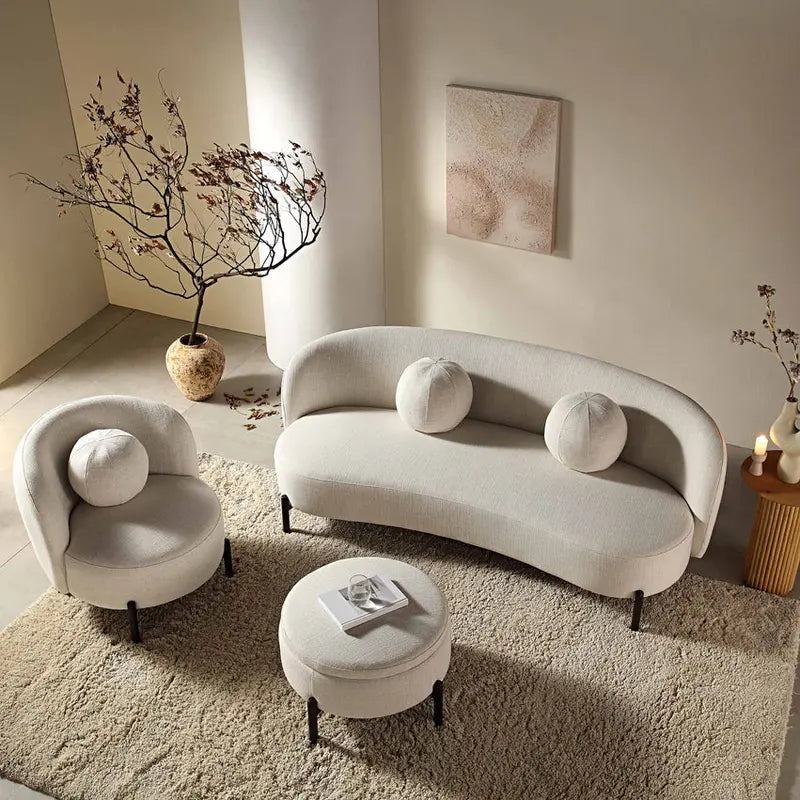 Beige Linen-Blend Curved 3-Seater Sofa With Ball Cushions, W 81.9 x D 37 x H 30.7 in - A120