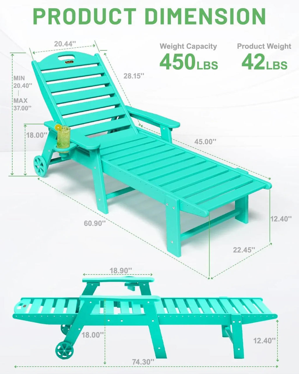 SUUNYN HDPE 6-Position Outdoor Chaise Lounge Chair With Wheels And Cup Holder - Teak