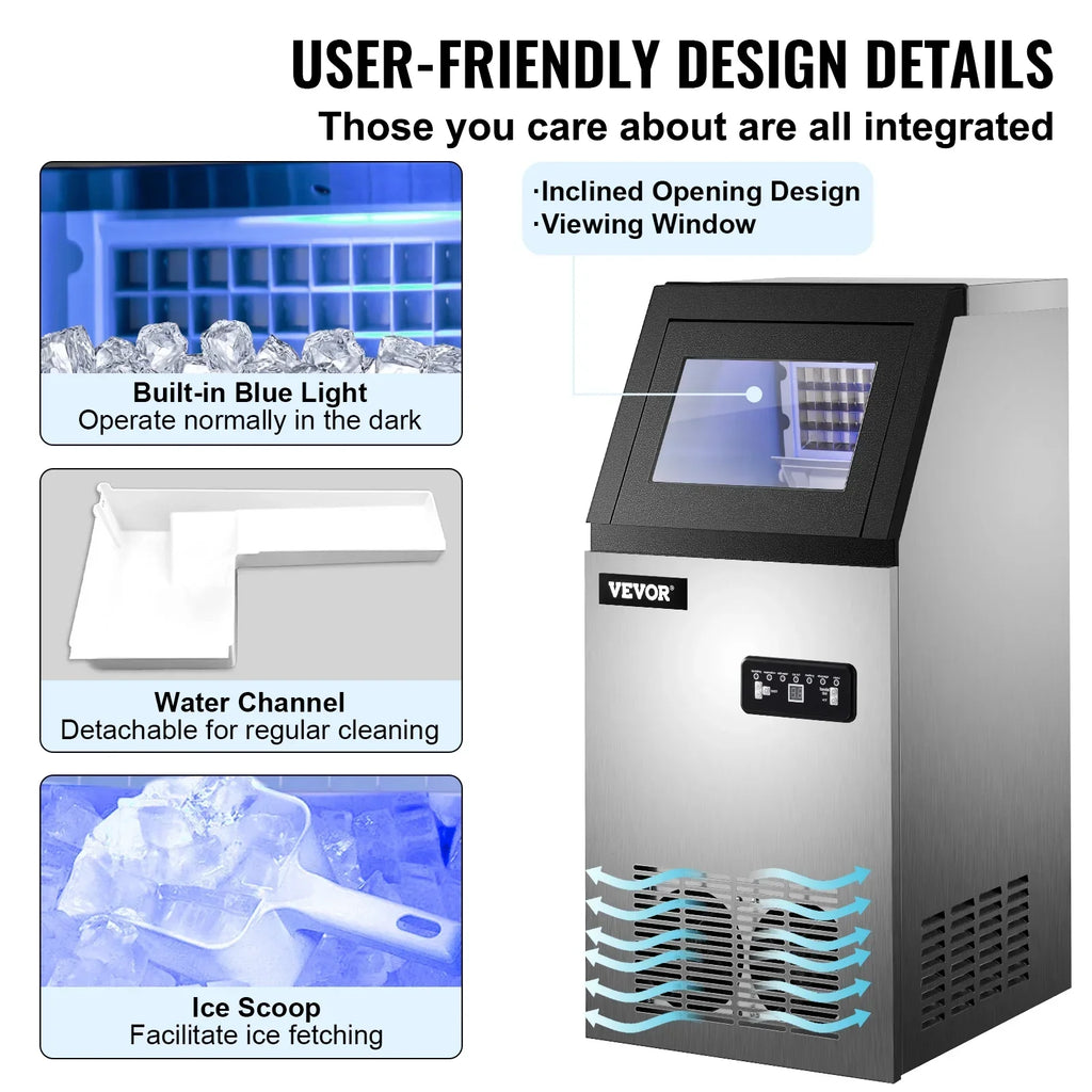 SKYSHALO 110V Commercial Ice Maker, 120lbs/24h, 29lbs Storage, 5x9 Cubes, Stainless Steel