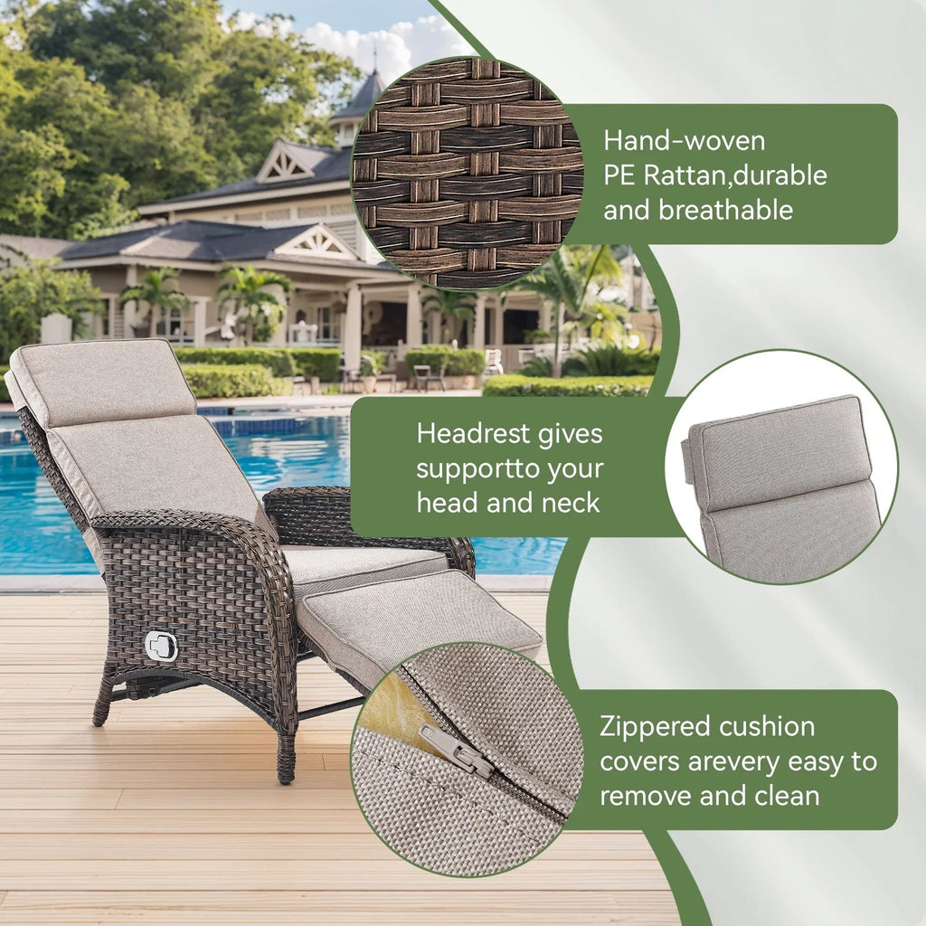 OPOHORO Outdoor Recliner Chair With Cushion, Beige, 1-Pc