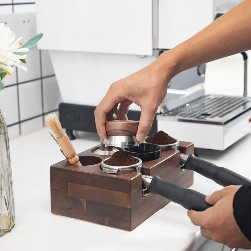 Cxren Solid Walnut Espresso Tamping Station Portafilter And Tamper Organizer For 51mm And 58mm Gear