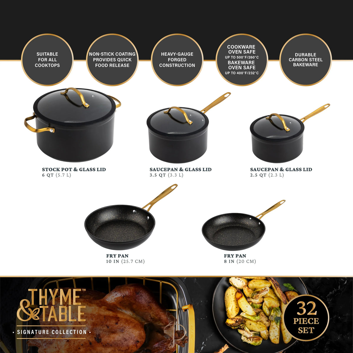 Thyme & Table 32-Piece Non-Stick Cookware & Bakeware Set - Black