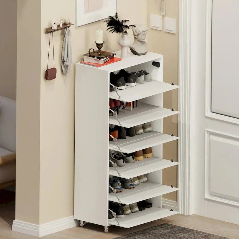 Mirror-Front Shoe Cabinet With Six Flip-Down Drawers And Four Metal Legs