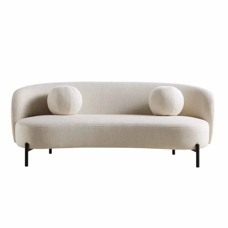 Beige Linen-Blend Curved 3-Seater Sofa With Ball Cushions, W 81.9 x D 37 x H 30.7 in - A120