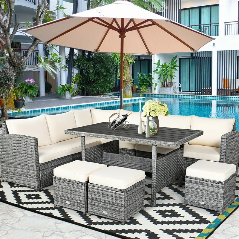 7-Piece Resin Wicker Outdoor Sectional Sofa Set With Dining Table, Ottomans And Cushions