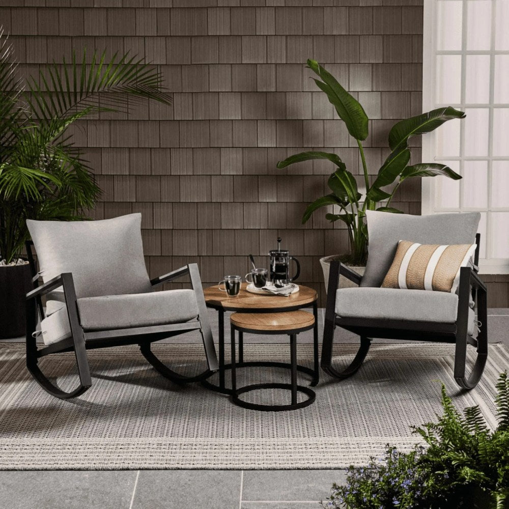 Better Homes & Gardens Marlow Outdoor Patio Rocking Chairs 2 Pack Black Frame Gray Cushion
