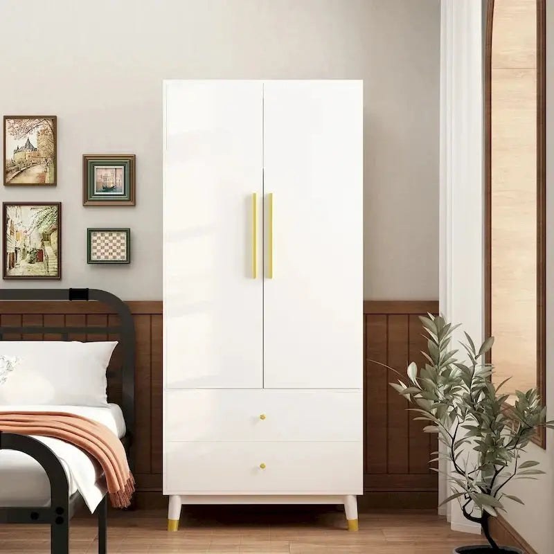 Wooden 2-Door Armoire Wardrobe Closet With 2 Drawers And Clothes Rail - 70.9H x 31.5W x 19.1D