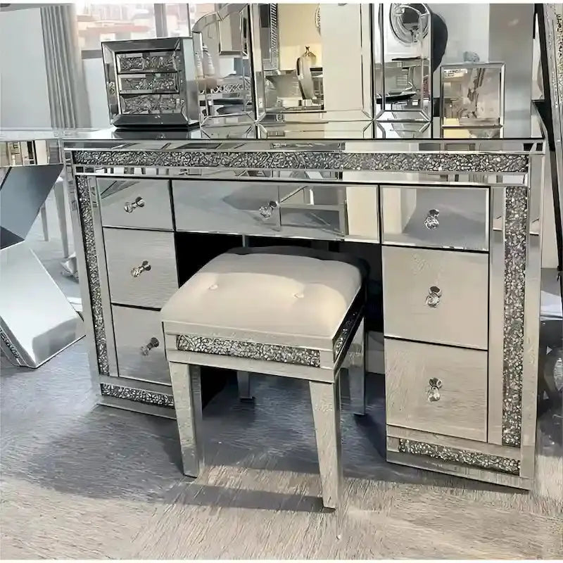7-Drawer Crushed Diamond Mirrored Vanity Table With Dressing Mirror - 50 W x 37 H x 20 D
