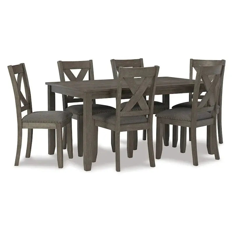 7-Piece Dining Set With Lattice-Back Chairs - Dark Gray Wood Frame & Polyester Upholstery