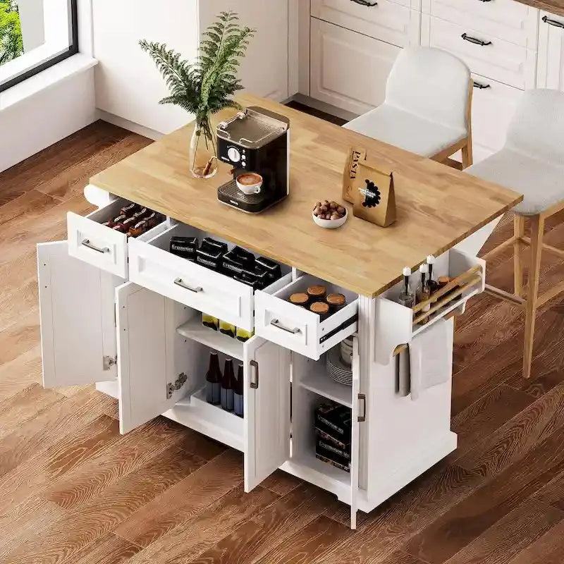 Rubberwood Rolling Kitchen Island Cart, 54.1L x 29.5W x 35.9H, 4 Doors, 3 Drawers