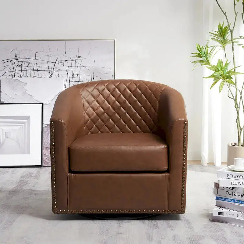 KINWELL Swivel Barrel Chair, 29 in Wide Tufted PU Leather - 360 Degree Rotation