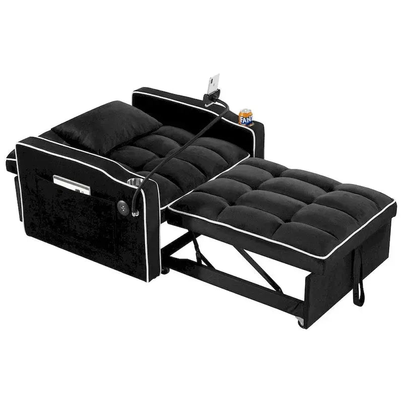 Convertible Sleeper Chair With USB And Type-C Ports - Black Or Grey