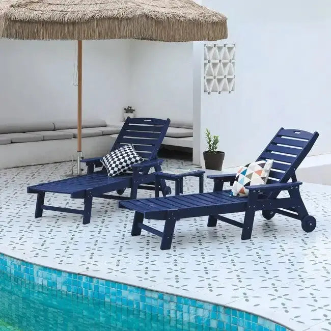 3-Piece All-Weather Patio Set With 2 Adjustable Chaise Lounges And Rolling Side Table, 75.20 x 28.74 x 39.17 in