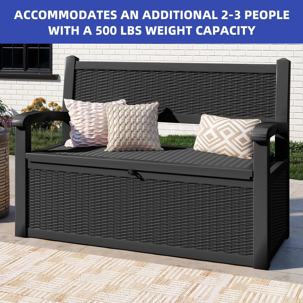 ModFusion 70-Gallon Outdoor Resin Storage Bench With Rattan Backrest, Black - C