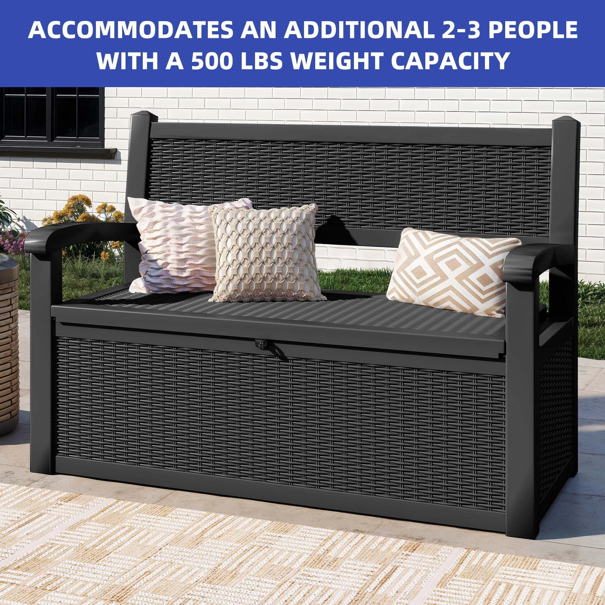 ModFusion 70-Gallon Outdoor Resin Storage Bench With Rattan Backrest, Black - C