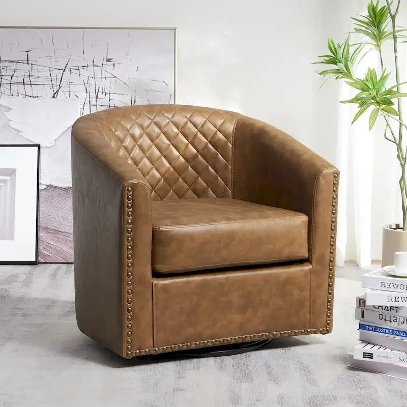 KINWELL Swivel Barrel Chair, 29 in Wide Tufted PU Leather - 360 Degree Rotation