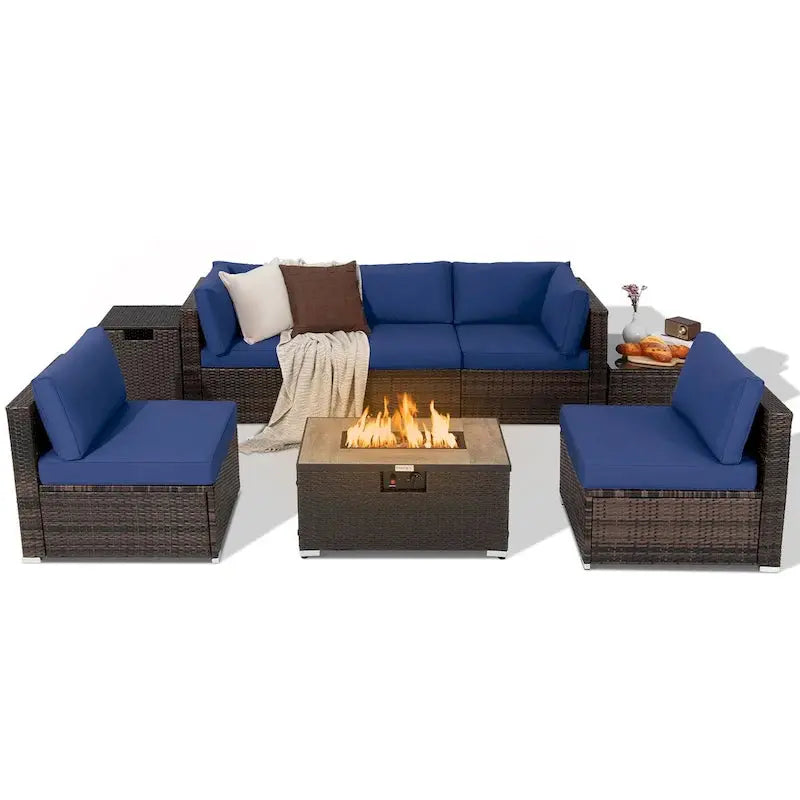 8-Piece All-Weather PE Rattan Patio Conversation Set With Fire Pit Table, Tank Holder And Cover