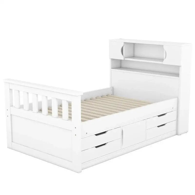Twin/Full Captain Bed With 4 Drawers And Bookcase Headboard - Solid Wood Platform Frame