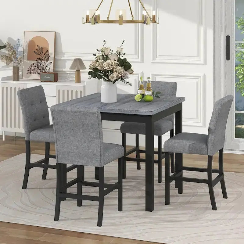 5-Piece Counter-Height Dining Set With Solid Wood Table And 4 Padded High-Back Chairs