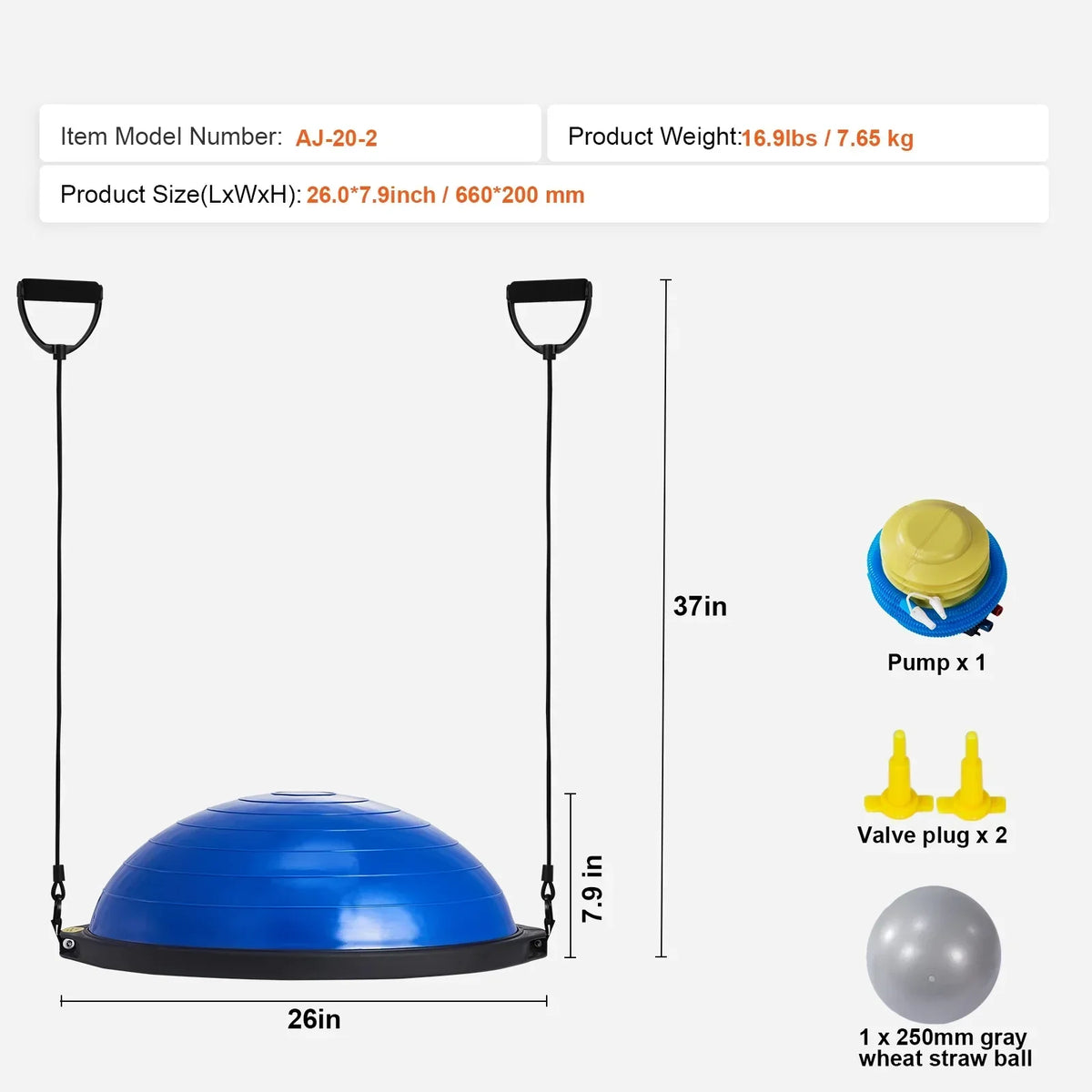 SKYSHALO 26 Inch Half Fitness Balance Ball Trainer With 2 Resistance Bands