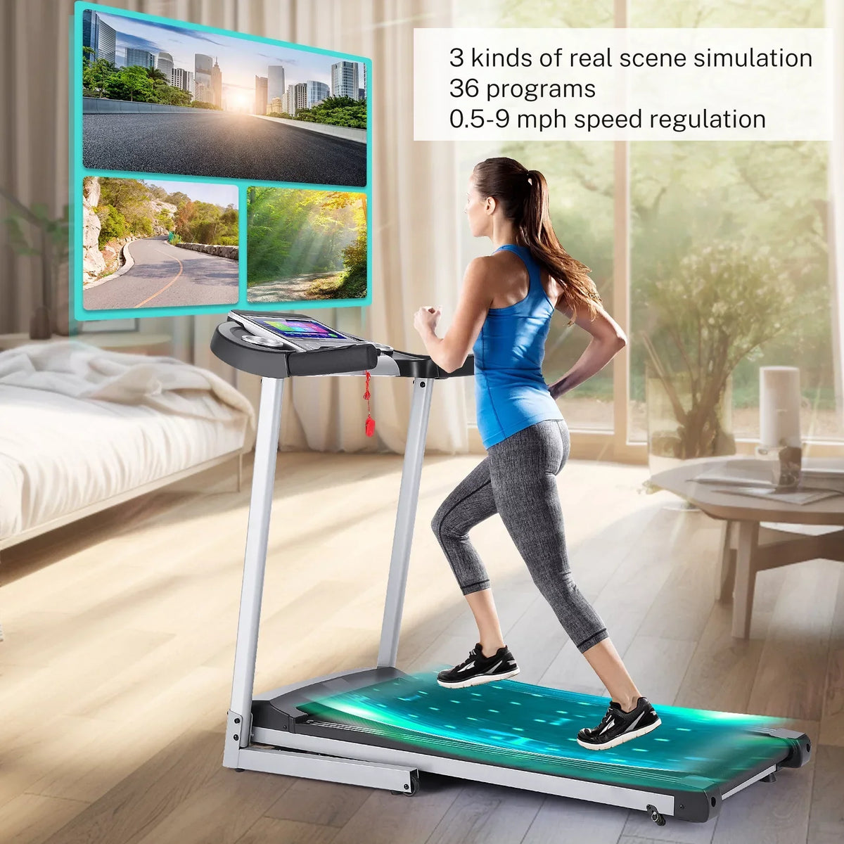 Tikmboex Folding Treadmill, 3.25HP, 10in HD TV Movie Touchscreen, Silver