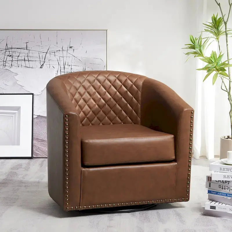 KINWELL Swivel Barrel Chair, 29 in Wide Tufted PU Leather - 360 Degree Rotation