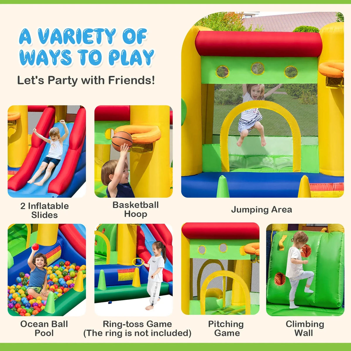 Costway 7-In-1 Rainbow Kids Inflatable Bounce Castle, 151.5 x 128 x 90.5 in, 50 Ocean Balls, 735W Blower