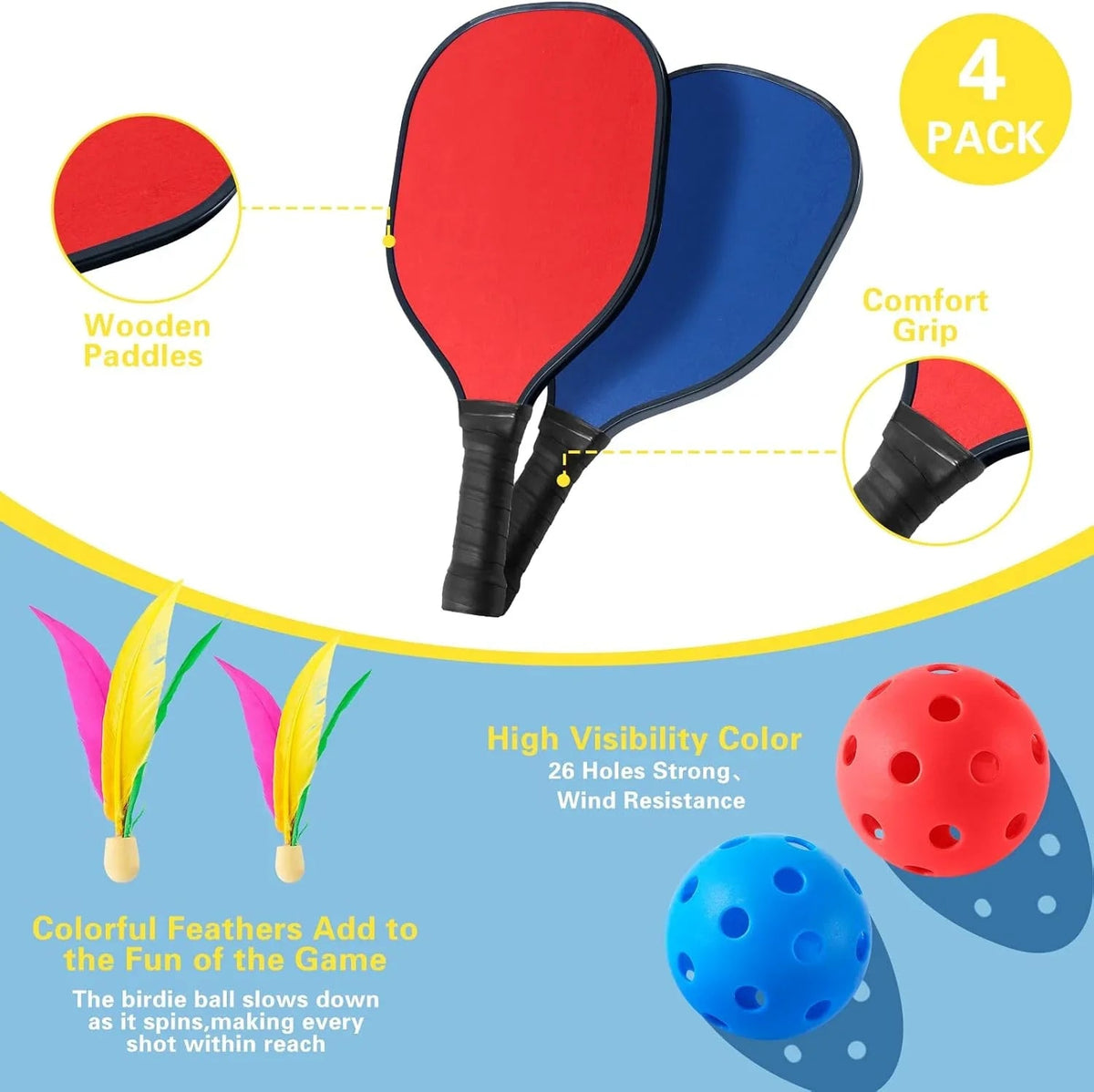 Slsy Portable Pickleball Set With Net, 4 Paddles, 4 Outdoor Pickleballs And 12 Birdies