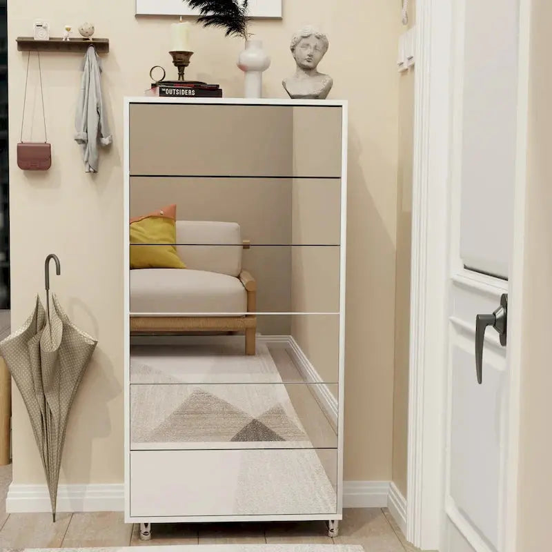 Mirror-Front Shoe Cabinet With Six Flip-Down Drawers And Four Metal Legs