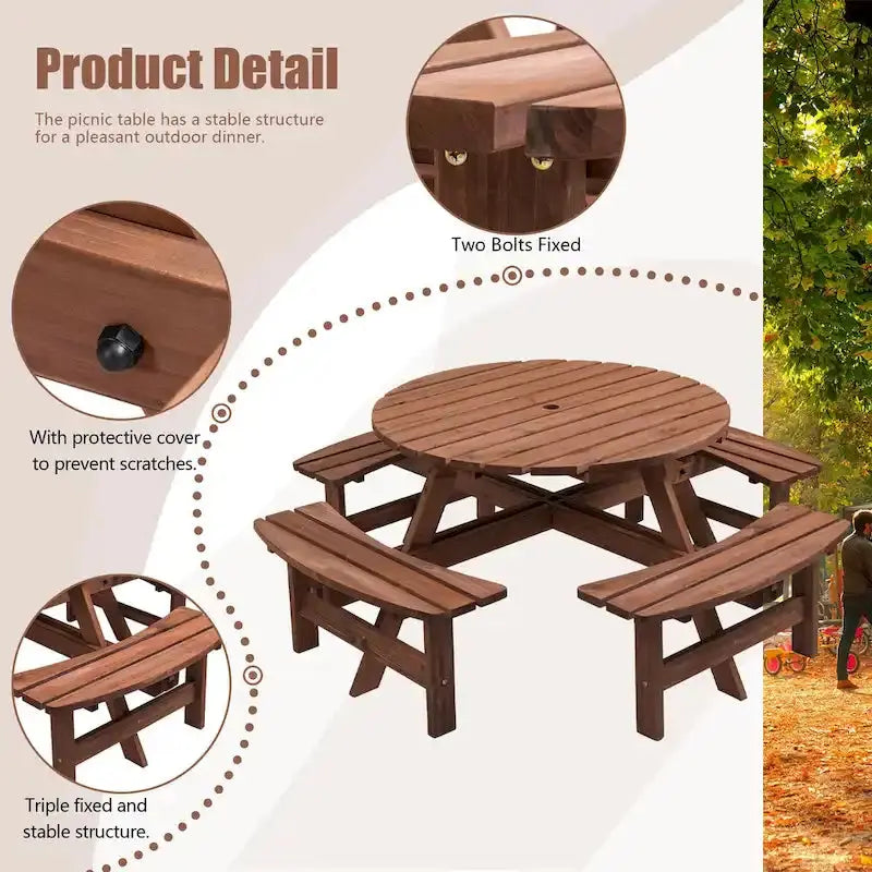 8-Person Fir Wood Round Picnic Table Set With 4 Built-In Benches And Umbrella Hole