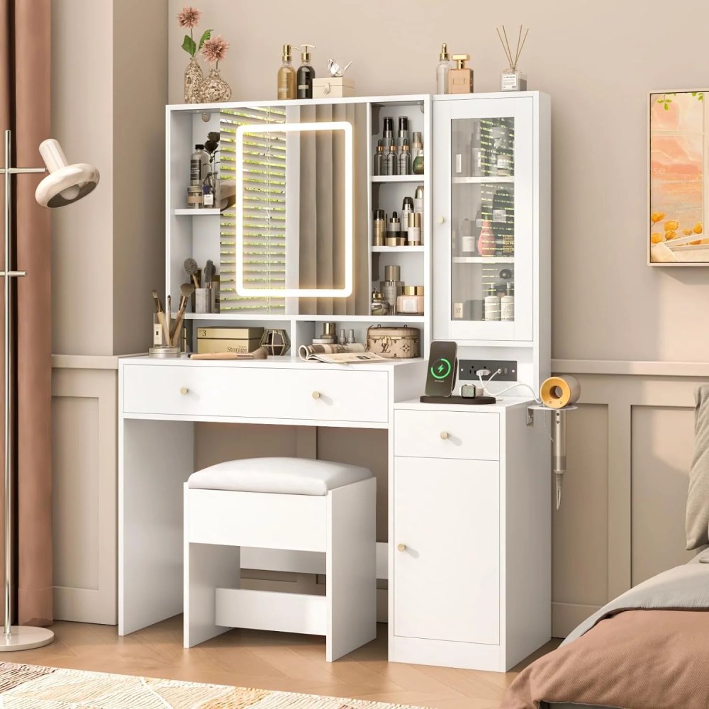 White Vanity Desk With Sliding LED Mirror, Charging Station, 2 Drawers, 2 Doors And Cushioned Stool - 15.7'D x 43'W x 57'H
