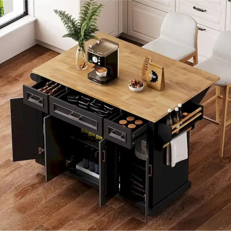 Rubberwood Rolling Kitchen Island Cart, 54.1L x 29.5W x 35.9H, 4 Doors, 3 Drawers