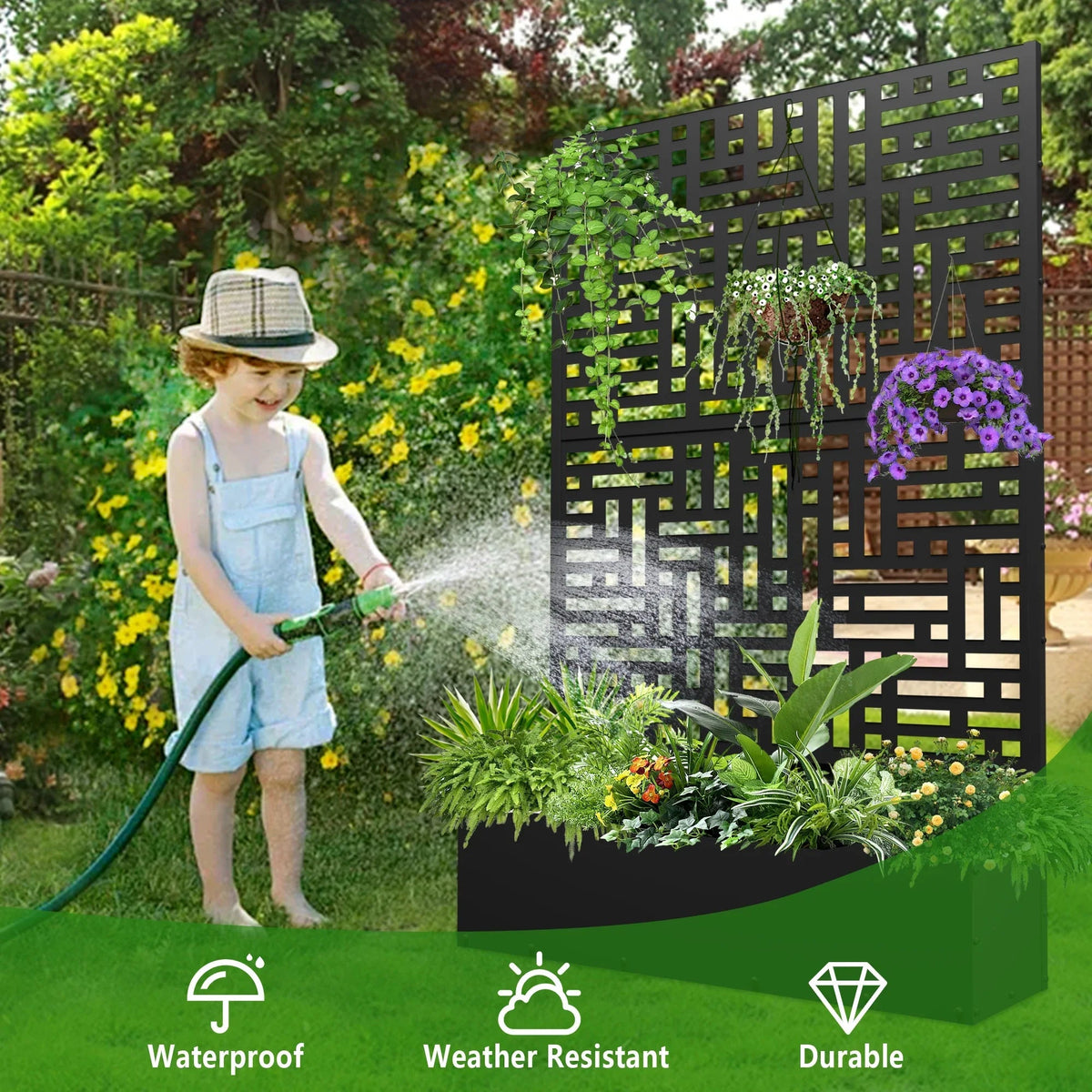 FOOWIN 71 in H Metal Trellis Planter Raised Garden Bed With Drainage Hole, Black