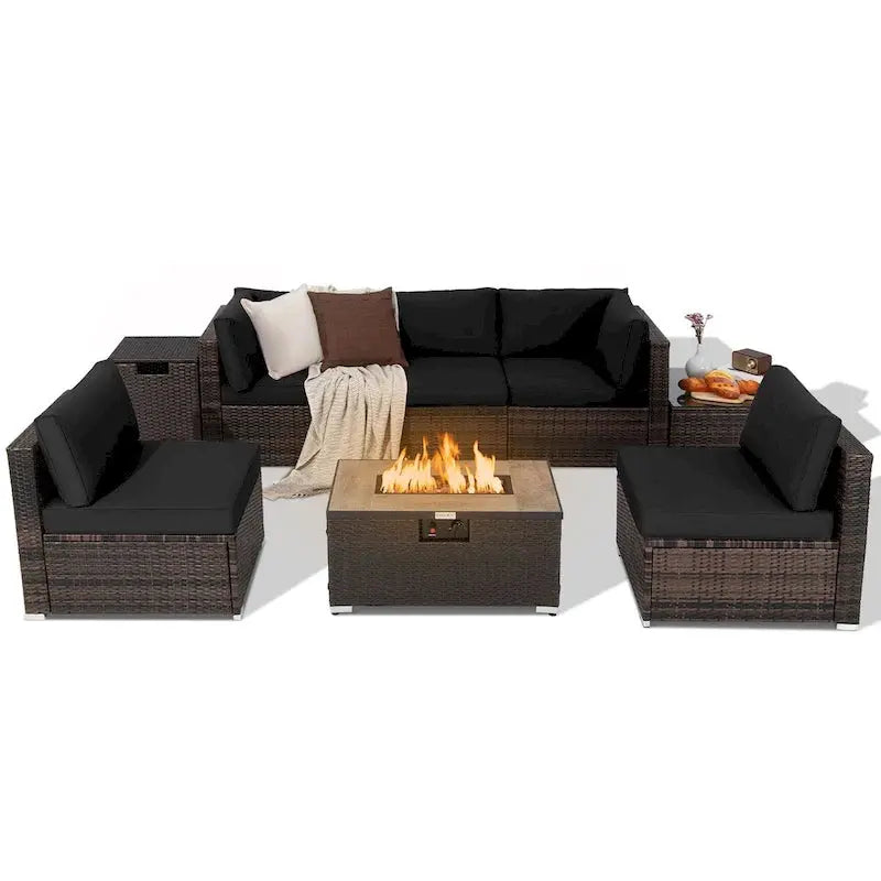 8-Piece All-Weather PE Rattan Patio Conversation Set With Fire Pit Table, Tank Holder And Cover