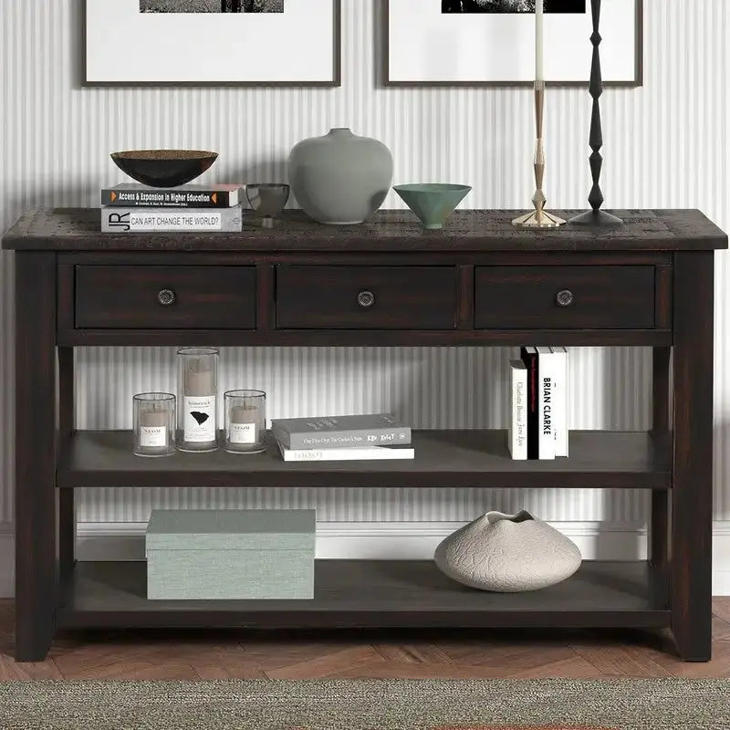 Rustic Wood Console Table With 3 Drawers And 2 Open Shelves - 29.92 H x 48.82 W x 15.75 D