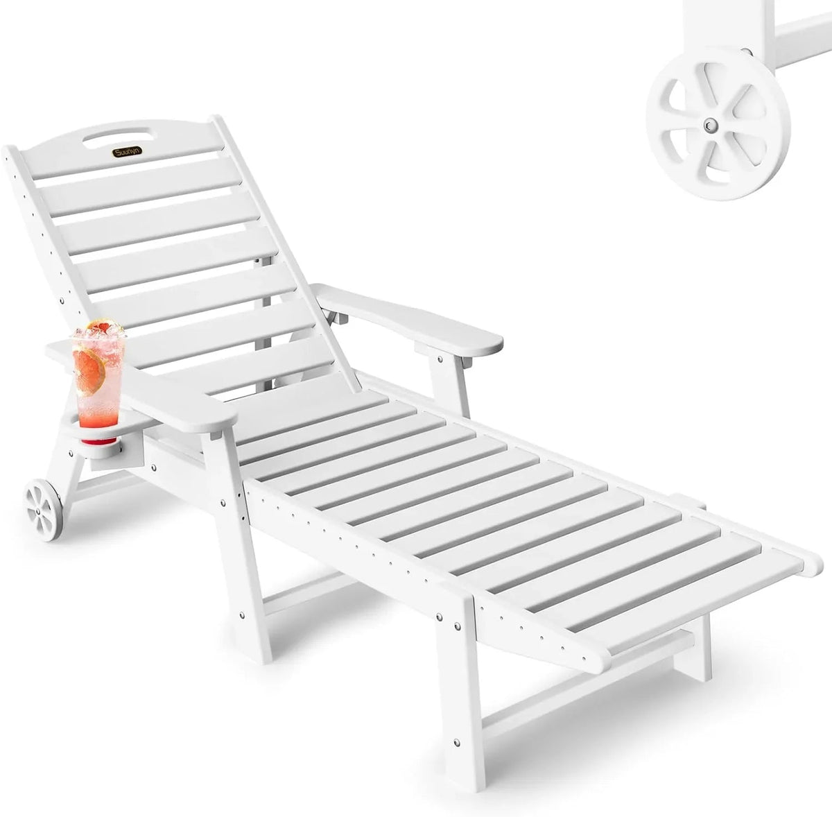 SUUNYN HDPE 6-Position Outdoor Chaise Lounge Chair With Wheels And Cup Holder - Teak