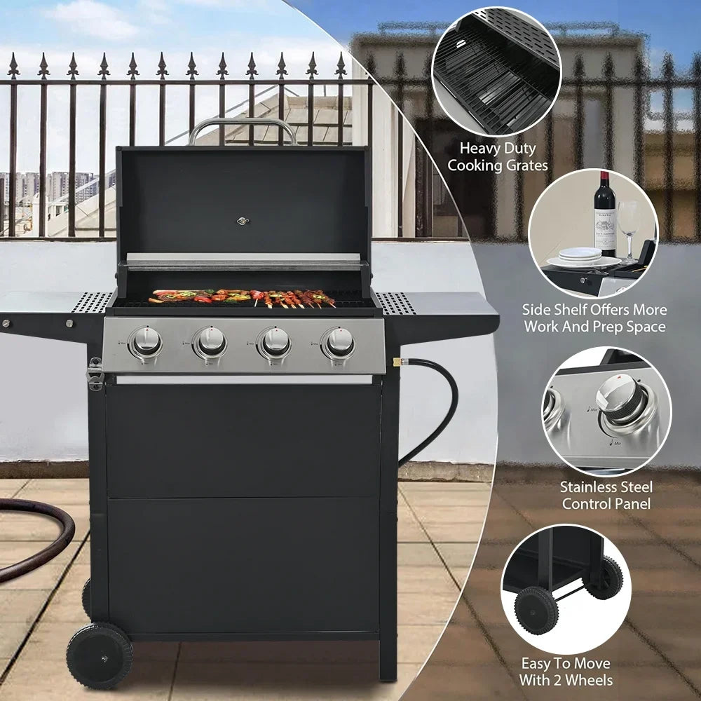 SEGMART 4 Burner Propane Gas Grill, Stainless Steel, 34,200 BTU - Patio Garden Barbecue Grill