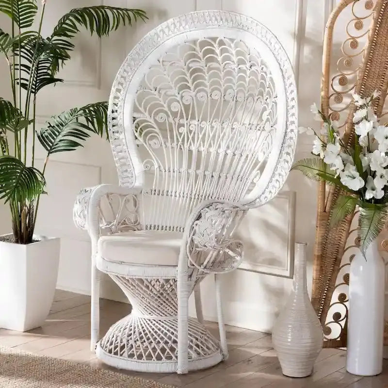 Kallima Bohemian Peacock Accent Chair, White Natural Rattan - 40.90 w x 29.50 d x 58.70 h
