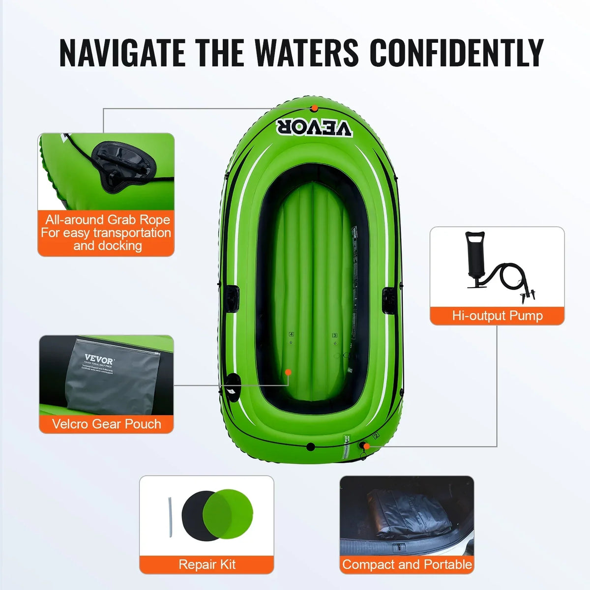 SKYSHALO 2-Person PVC Inflatable Boat With Aluminum Oars And High-Output Pump
