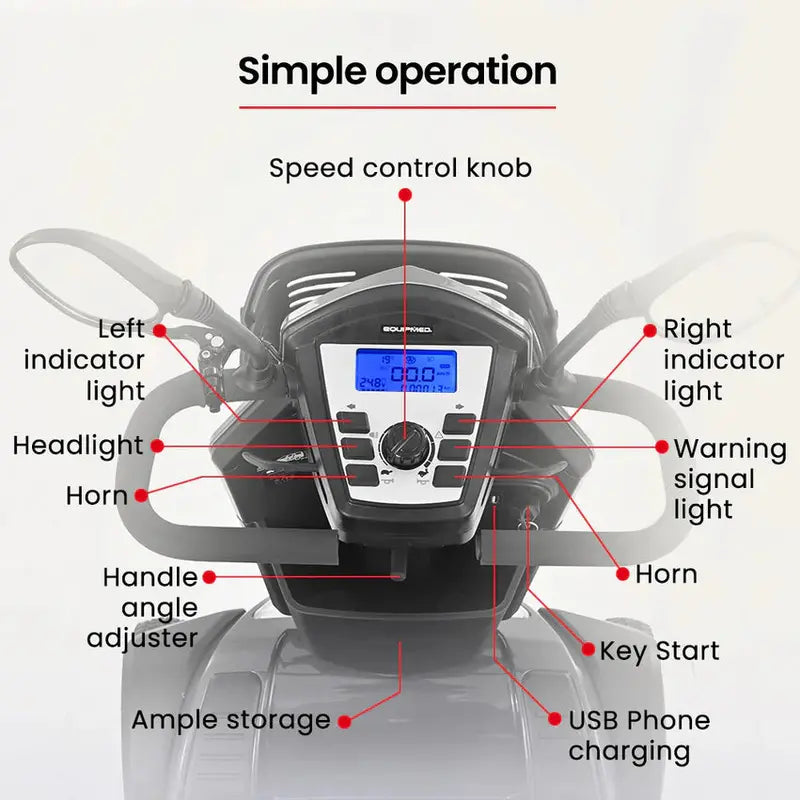 Equipmed Mobility Scooter, 30 km Range, 180 kg Capacity - VentureCruise Series S-XXL
