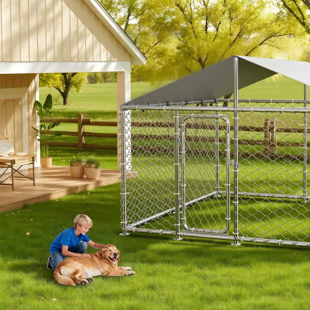 YOKWOK Outdoor Dog Kennel With Roof, 7.5X7.5ft, Silver - Outdoor Dog Crate